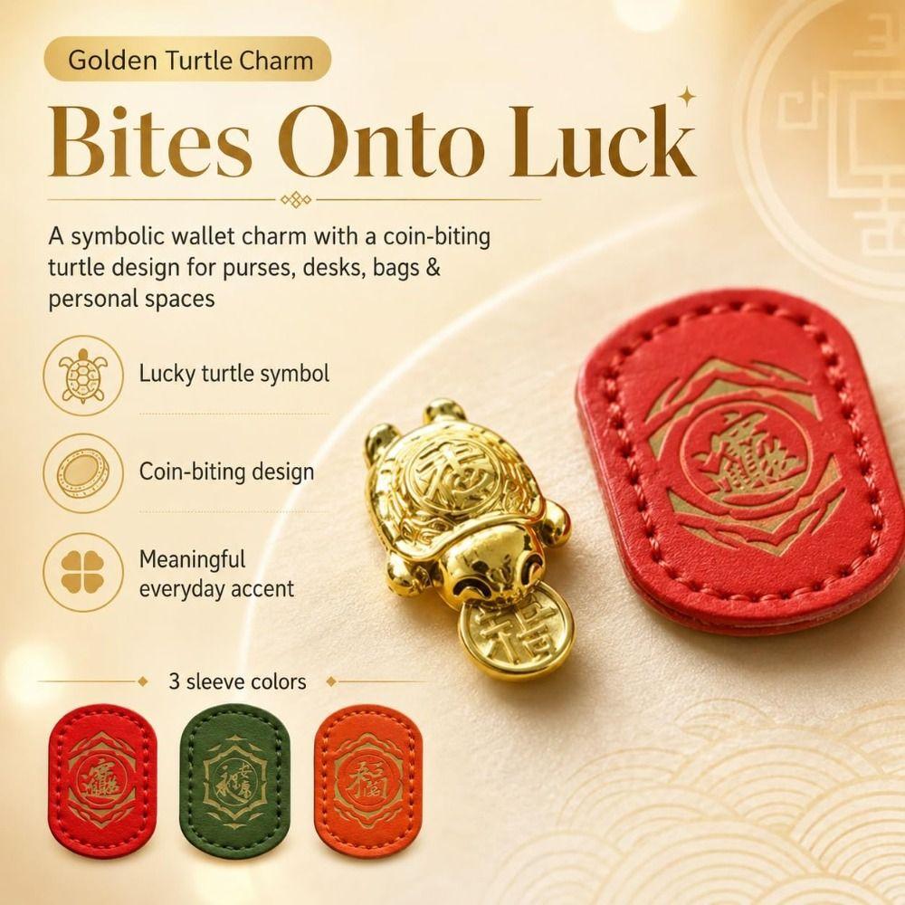 Leather Sleeve Golden Turtle Charm Coin Biting Brass Turtle Figurine Wallet Charm Desk Display