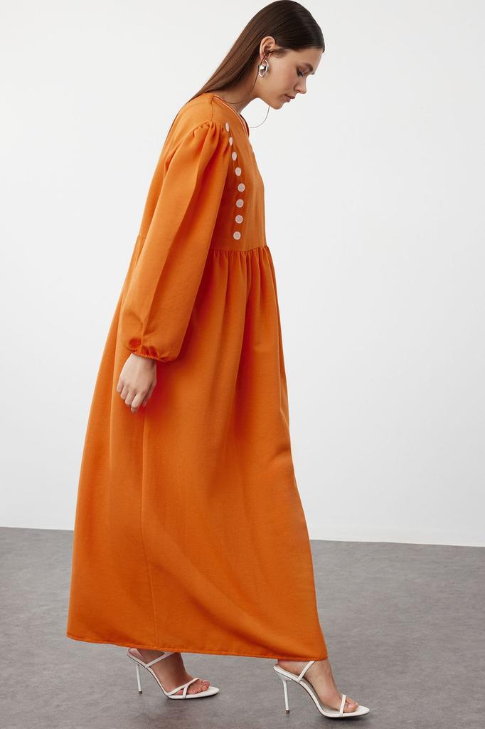 Women's Fashion Tile V-Neck Detailed Woven Linen Look Dress