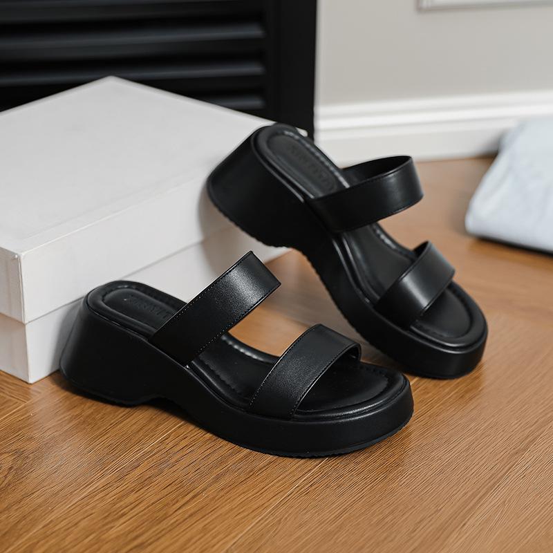 Thick-soled muffin wedge slippers summer wear French temperament fashion versatile one-word open-toe high-heeled beach shoes