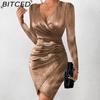 Женские сексуальные модные однотонные платья с v-образным вырезом и длинным рукавом