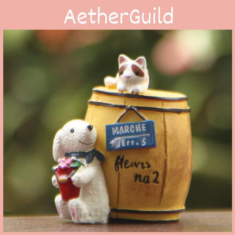 Cartoon Cute Wine Barrel Cat And Dog Mini Model Ornament For Decoration Garden