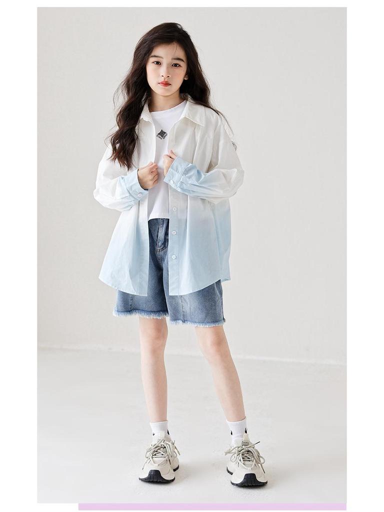 Girls' Trendy Gradient Long-Sleeve Cotton Shirt - Spring/Summer 2025, Medium/Large, Lapel Cardigan, Parent-Child Matching.