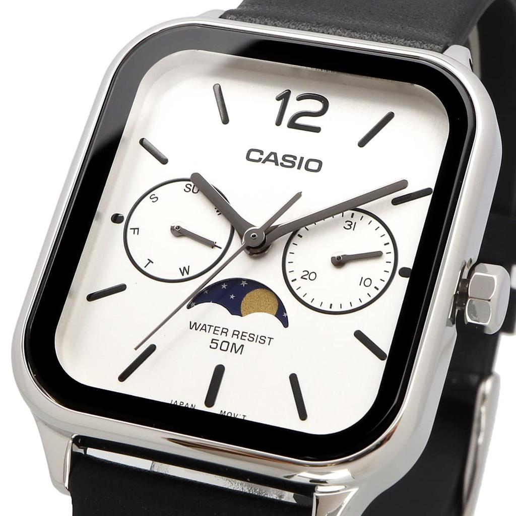 CASIO Стандартные аналоговые часы с фазами Луны, черный кожаный ремешок, серебристая модель Overseas [Casio] Мужские MTP-M305L-7AV [Товар]