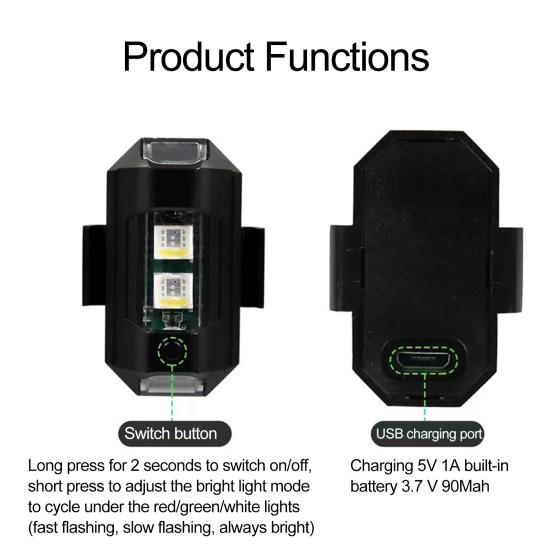 1 комплект авиационного света, кнопка высокой стробоскопической яркости, несколько цветов освещения, проводка, бесплатная перезаряжаемая батарея