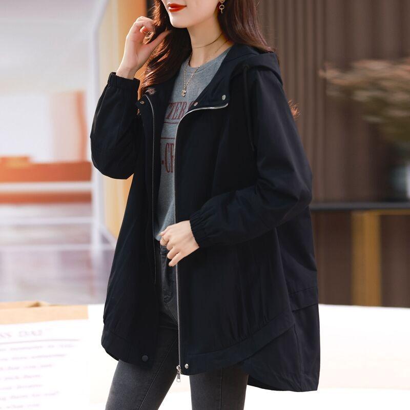 Весна Осень Плюс Размер С Капюшоном Женская Молния Раздел Свободная Тонкая Ветровка Средней Длины Куртка