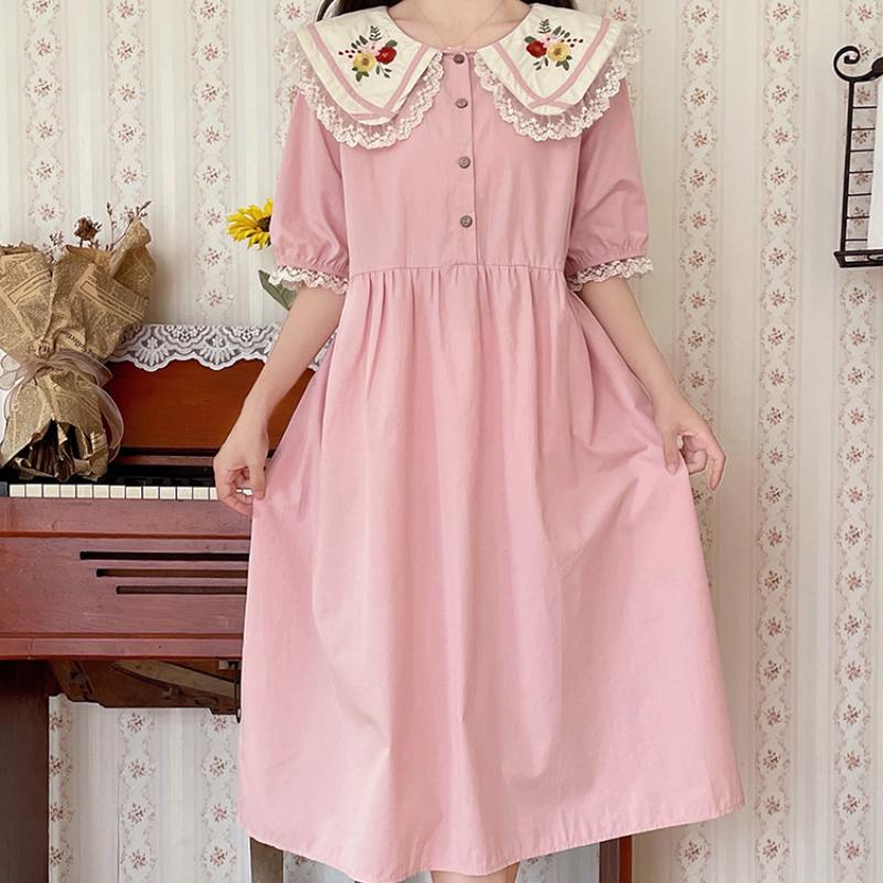 Японское летнее женское милое платье Mori Girl с воротником Питера Пэна, розовое, синее платье с цветочной вышивкой, милые платья Kawaii с кружевными оборками