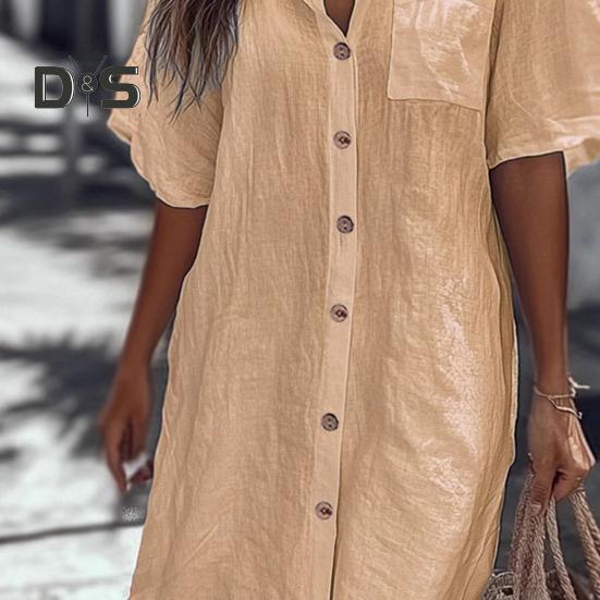 Women Shirt Lapel Short Sleeve Casual Commuter Style Shirt Solid Color Loose Fit Buttons Placket Work Shirt