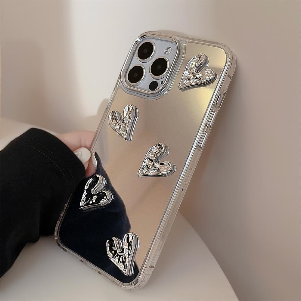 3D гальванический чехол Сердце 13 для iPhone 17/15 Pro Max, Зеркальная поверхность iPhone 16, Высококачественный 14 Жесткий чехол