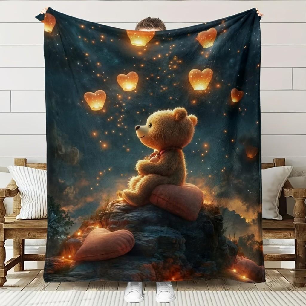 Dreamy Bear Theme Pattern Flannel printed blanket suitable for all seasons suitable for living room office sofa and travel