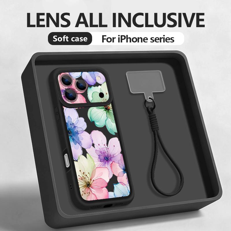 Чехол-шнурок с принтом акварельных цветов для iPhone 17 Pro Max iPhone 16 15 Pro Max 14 13 11 16E 17E Ударопрочный бампер Чехол с ремешком на запястье