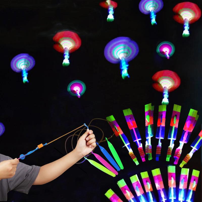 Outdoor Flash Rocket Toy Led Lights Glowing Slings Rocket Helicopter Flying Toy Kid's Party Fun Gift Rubber Band Ejector Toys