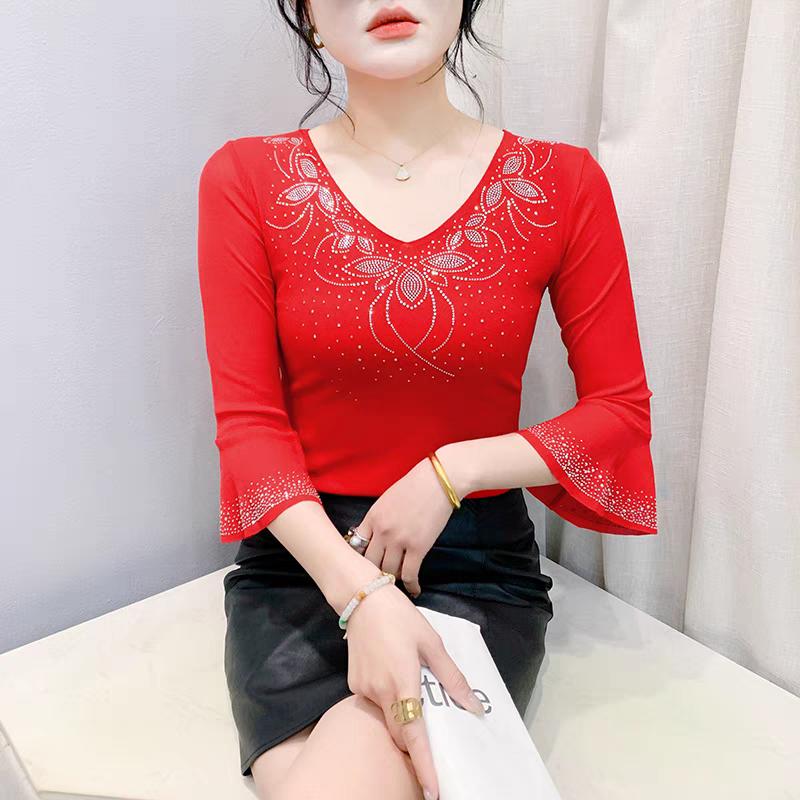 Летняя уличная одежда женские топы рубашка элегантная приталенная с V-образным вырезом горячие бриллианты сетчатая футболка рукава-клеш приталенные футболки