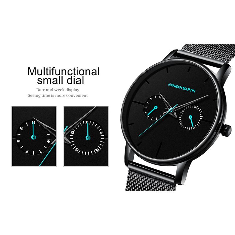 Hannah Martin Мужские часы Минималистичные мужские модные ультратонкие часы Простые мужские деловые кварцевые наручные часы с сетчатым ремнем из нержавеющей стали
