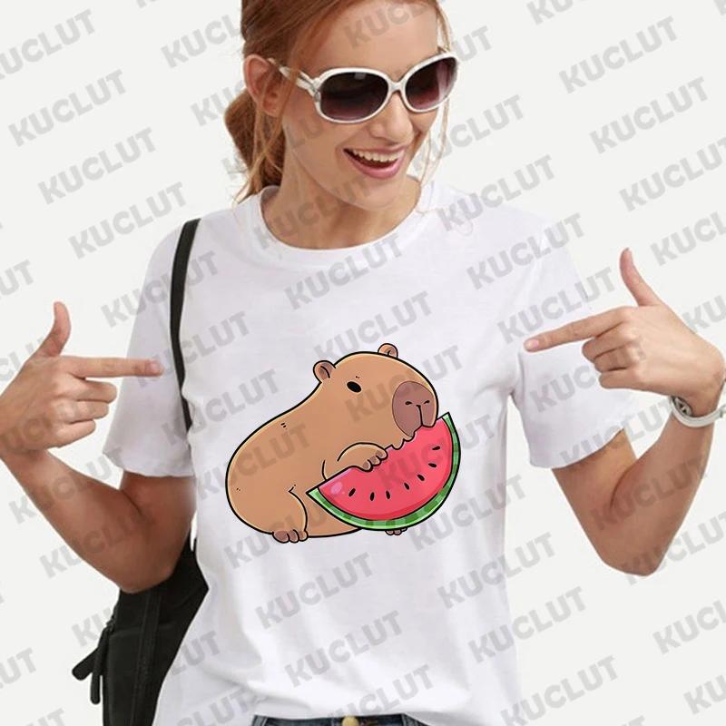 Cute Capybara Anime Women's T-shirt Casual Ulzzang Short Sleeve Tees Cartoon Graphic Y2K Tops Female Blouse Aesthetic Clothing