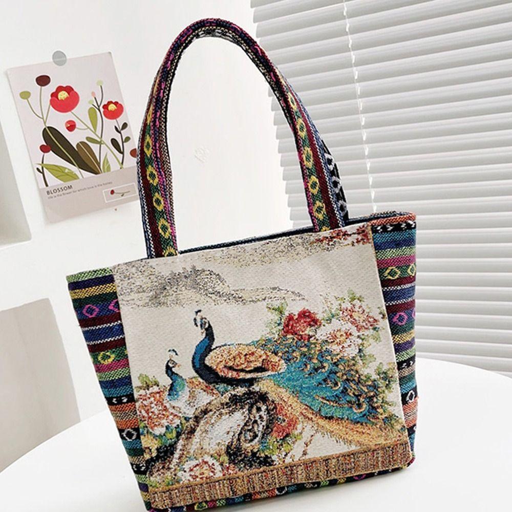 Peacock Canvas Tote Bag Embroidery Elephant Handbag Simple Ethnic Style Handbag Grocery Handbags