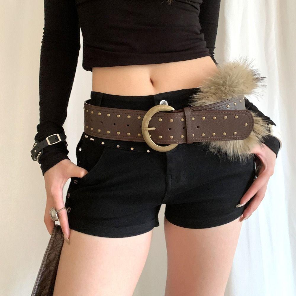 Rivet Furry Fur Belt PU Leather Plush Belt Vintage Y2K Waistband Jeans Decor