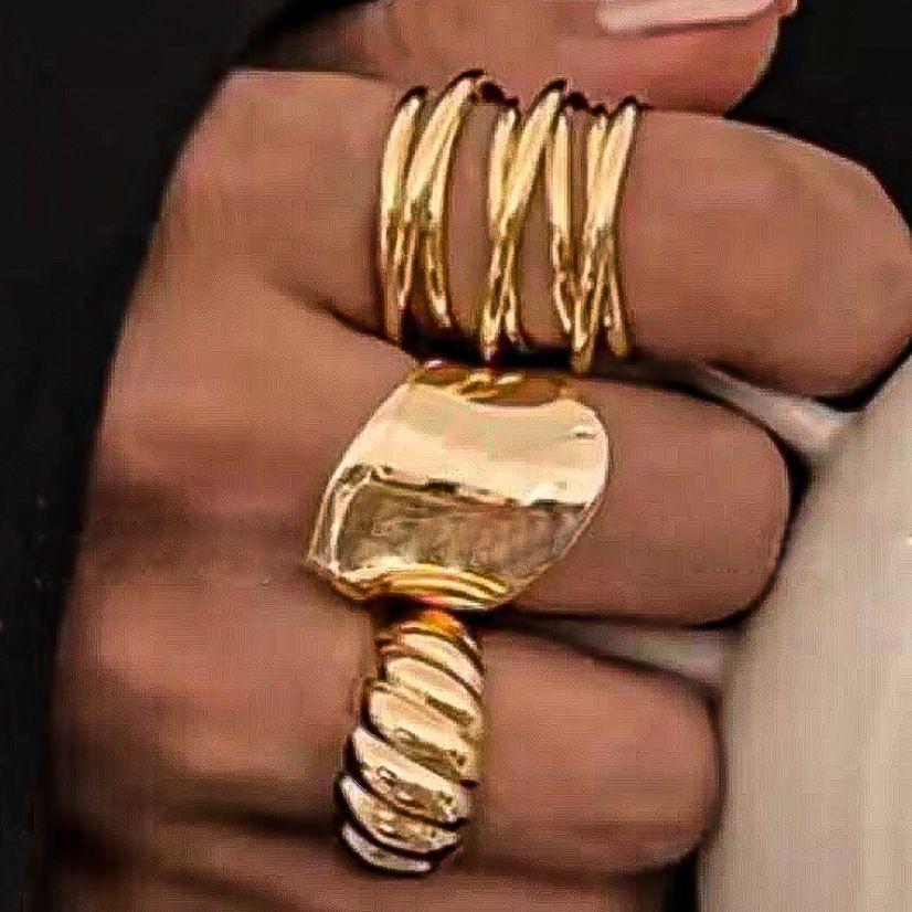 European & American Metal Texture Ring Set: Smooth, Exaggerated Geometric Open Rings for Women