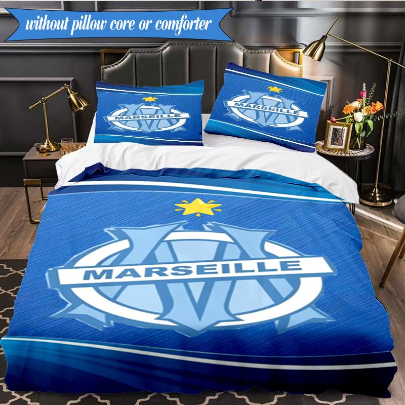 3PCS Olympique Football Crest Printed Soft Bedding Set,Including 1pc Duvet Cover And 2pcs Pillowcases Perfect for Bedroom, Dormitory, Fan gift