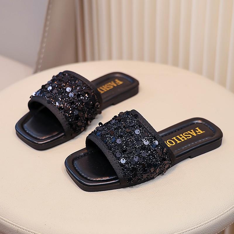 Тапочки с блестками для девочек, модные детские туфли на плоской подошве, тапочки принцессы, мягкая подошва, нескользящая, детская летняя пляжная обувь, размер 26-36