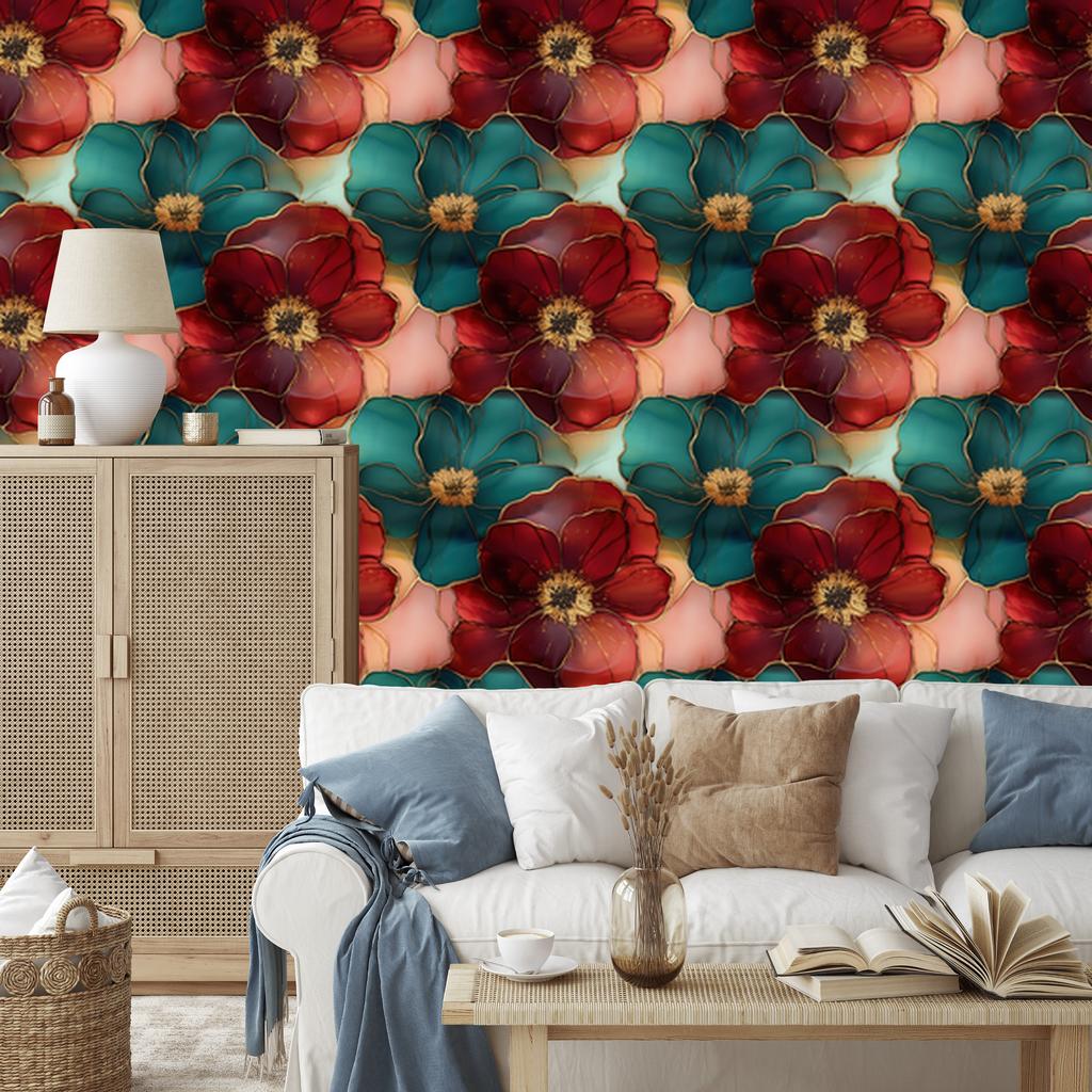 Ink Red, Burgundy and Turquoise Wallpaper for Living Room and Bedroom 50x1000