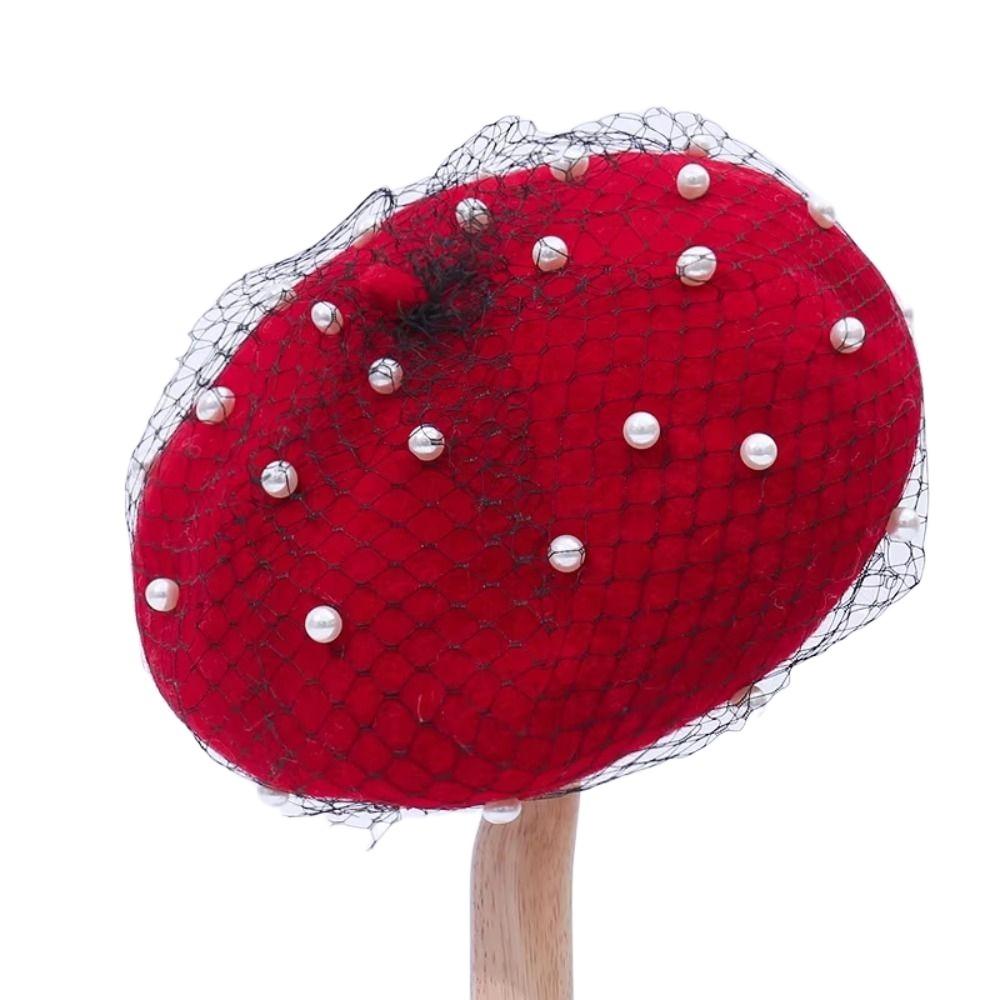 Берет из жемчужной шерсти для женщин с сетчатой вуалью Шапки-бини Тыквенная шляпа Шляпа художника Девушки