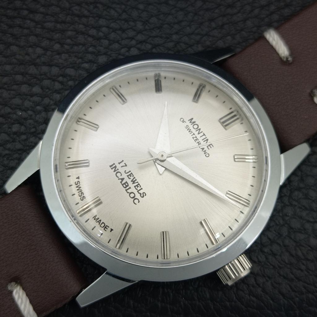 MONTINE VINTAGE ШВЕЙЦАРСКИЕ МУЖСКИЕ ЧАСЫ С РУЧНЫМ ЗАВОДОМ ОТРЕСТАВРИРОВАННЫЕ СЕРЕБРЯНЫЙ ЦИФЕРБЛАТ a445228-1