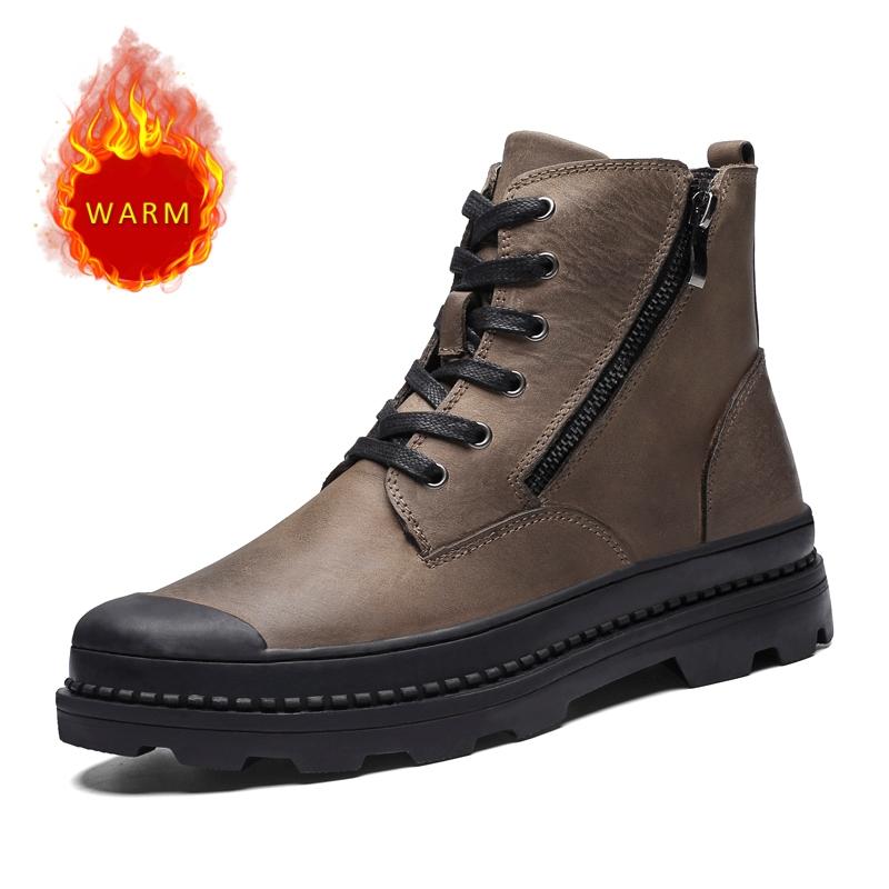 Мужские высокие ботинки Зимние плюшевые хлопковые ботинки Мотоциклетные ботинки Мужские деловые ботинки из натуральной кожи Износостойкие ботильоны