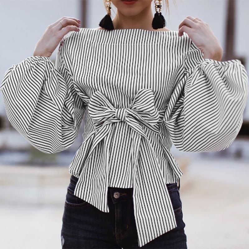 VONDA Женские винтажные рубашки с открытыми плечами и длинным рукавом в полоску с галстуком-фонариком