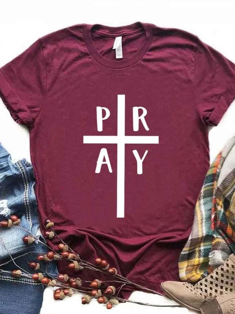 Молитесь Крест Иисус Принт Женская Футболка Короткий Рукав Круглый Вырез Свободная Женская Футболка Модная Женская Футболка Топы Одежда