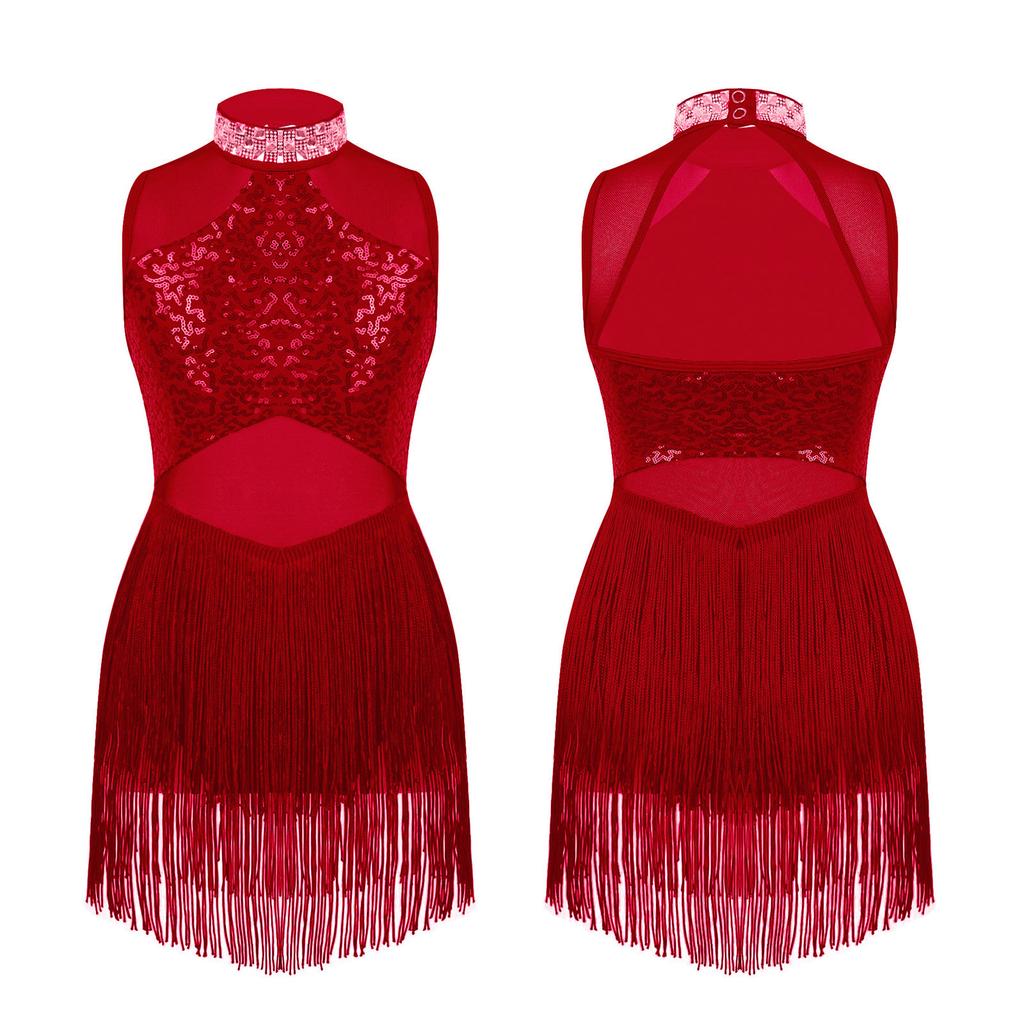 Kids Girls Dance Leotard Sleeveless Mesh Patchwork Sequins Tassel Hem Bodysuit for Latin Jazz Dance