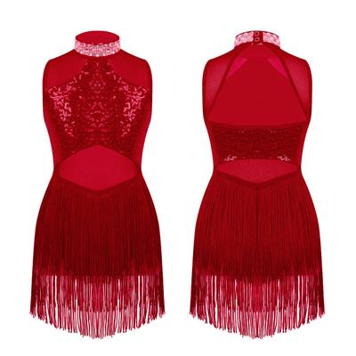 Платье для джазовых танцев с блестящими стразами и блестками для девочек, прозрачное сетчатое балетное трико с кисточками на подол, платья для выступлений на сцене, танцевальная одежда