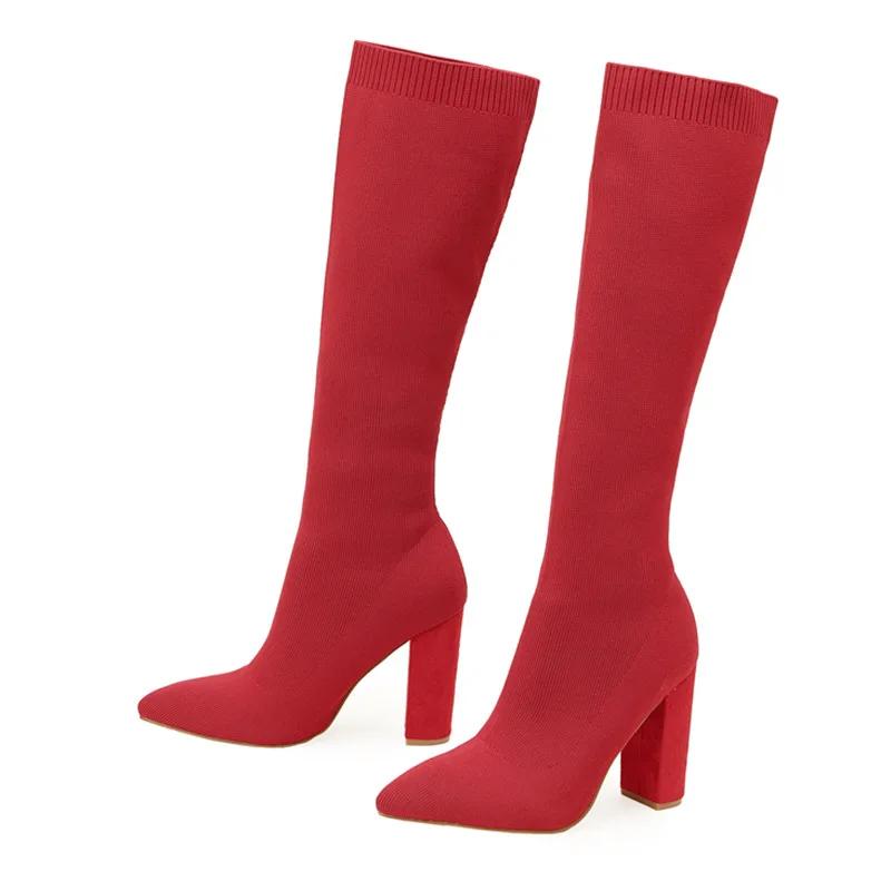 Women 10.5cm High Heels Stretch Knee Sock Boots Autumn Winter Brown Pointed Toe Sexy Slim Knitted Lady Shoes Women Boots