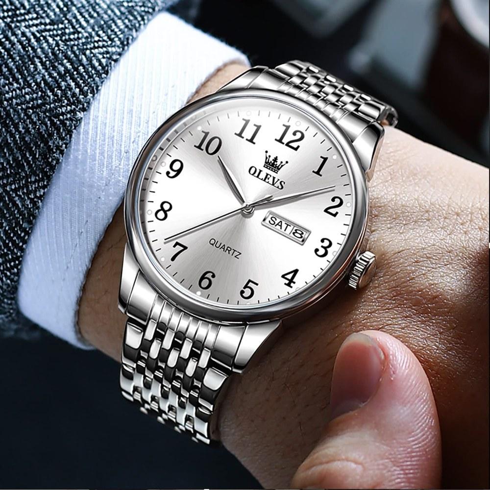 OLEVS Men's Silver Waterproof Analog Quartz Watch Metal Band Date Day Large Dial