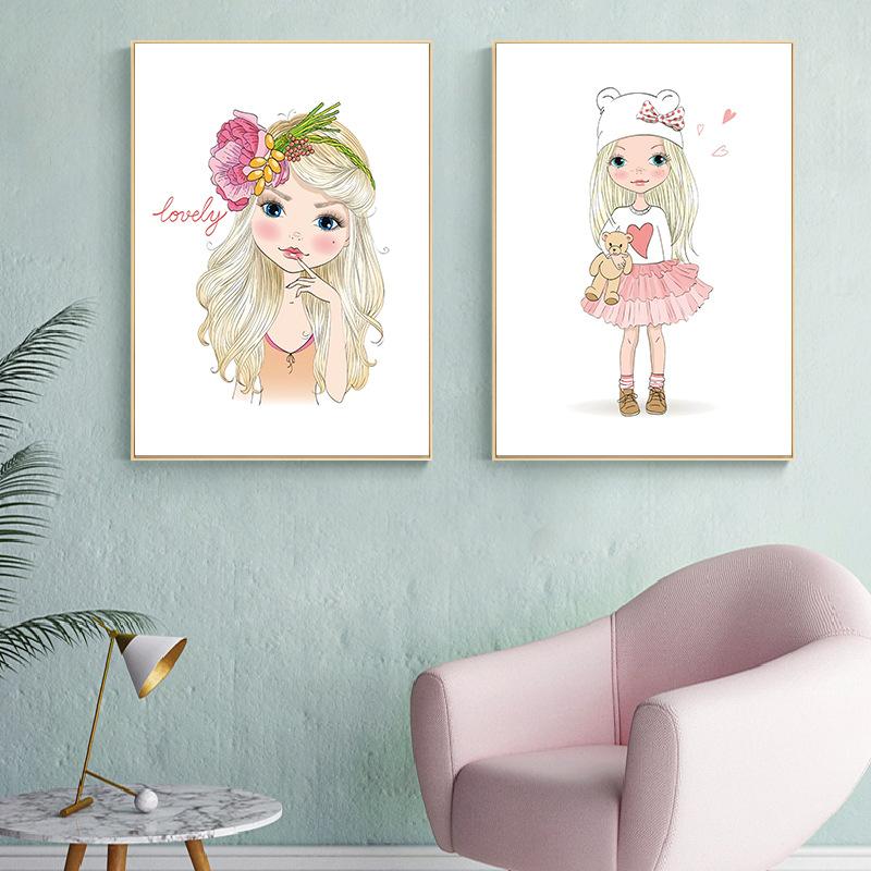 Скандинавский стиль, украшение для детской комнаты, детский сад, современный мультфильм, декоративная картина для маленькой девочки, настенное искусство, холст