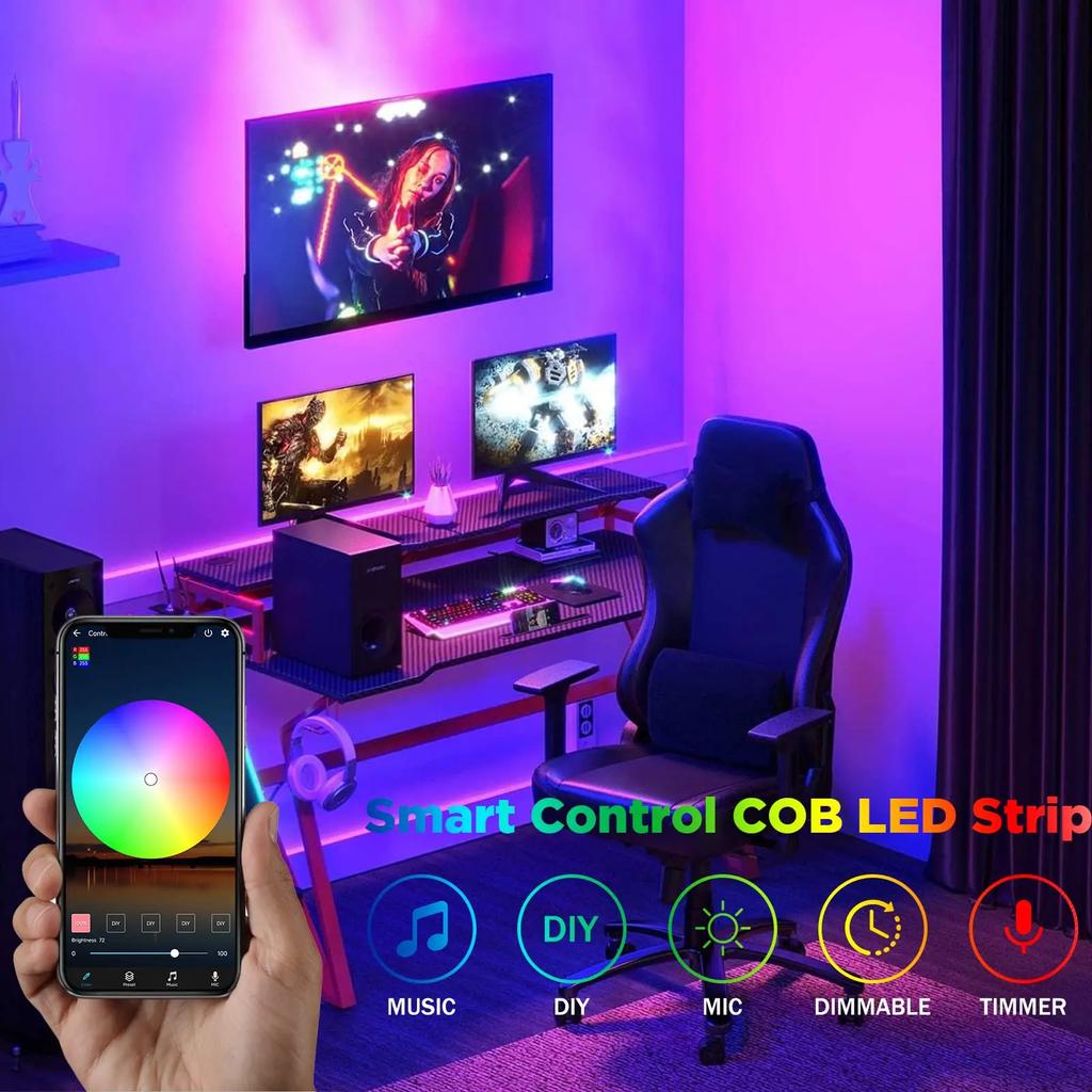 5V RGB COB LED Strip Light USB Flexible Tape with APP Control, Music Sync, Remote for TV Backlight Bedroom Cabinet DIY Decor