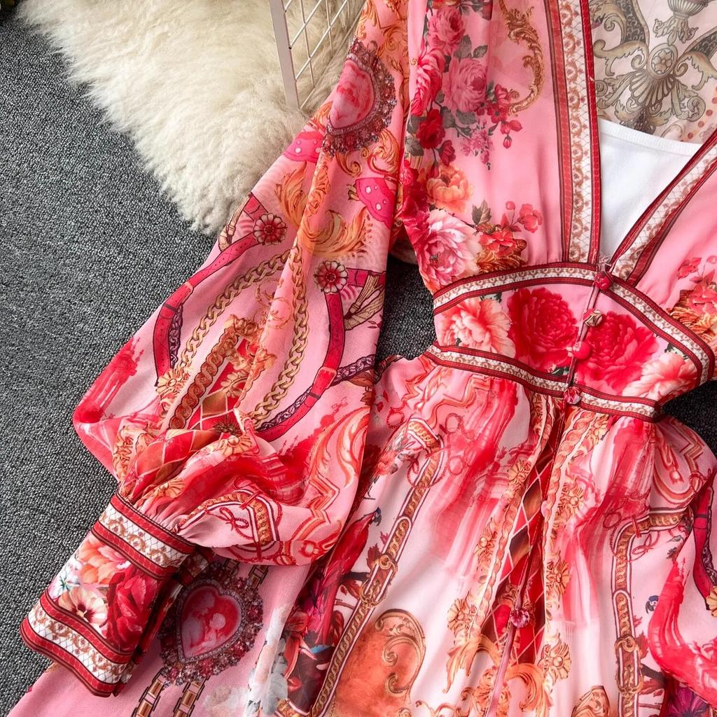 Летняя мода, роскошный дизайнерский винтажный шифон с принтом, праздничное пляжное платье, женское сексуальное платье с v-образным вырезом и рукавами-фонариками, эластичный пояс, длинный халат макси