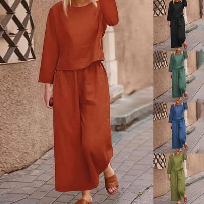 Женский льняной костюм-двойка Льняной костюм Брюки и рубашки с длинными рукавами Повседневный брючный костюм оверсайз Льняная блузка с круглым вырезом Свободные льняные брюки