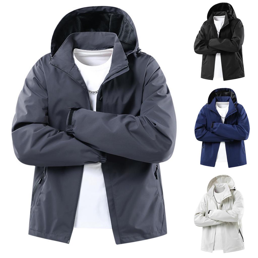 Men's Casual Solid-color Outdoor Sports Jacket, Men's Windproof Breathable Hooded Zipper Jacket