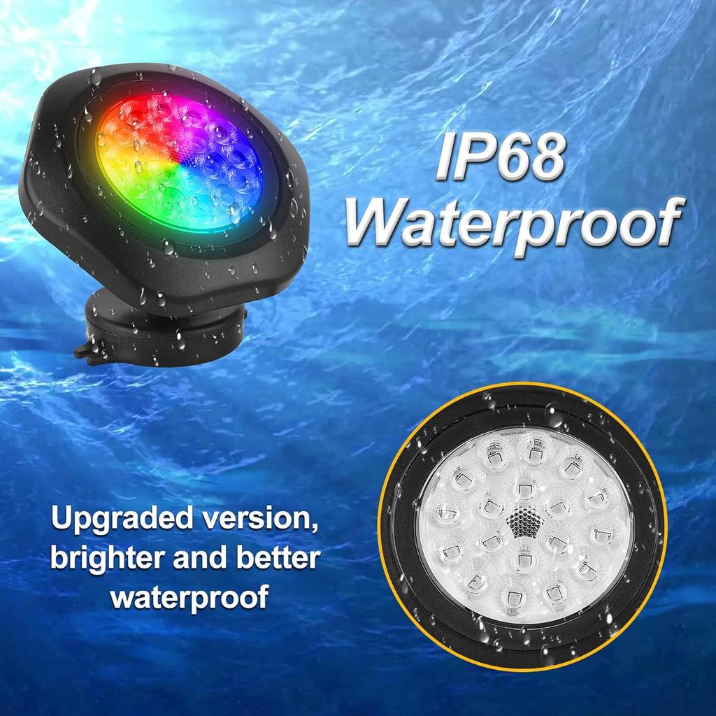 RGBW Pond Lights with Timer, 18 LED Super Bright Underwater Submersible Fountain Lights Color Changing Spotlights, Remote Control IP68 Waterproof for