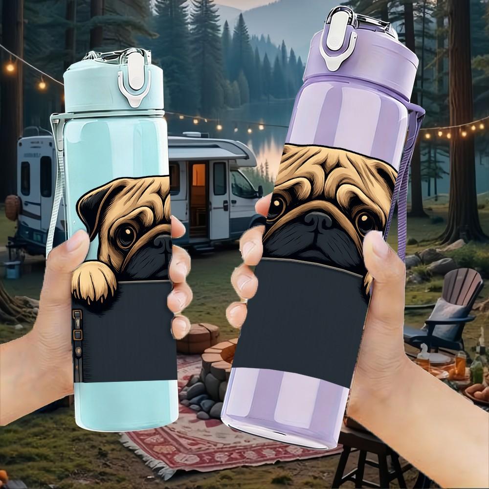 1PC Pug Dog Peeking Frame Print 750ml Color Plastic Sports Water Bottle Leakproof Flip Straw Lid For Sports Office Home Use