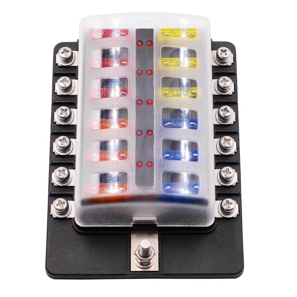 Indicator Light Bracket, Car Fuse, 12 Ways Blade Fuse Box, Fuse Box with LED Warning Indicator Light, Carbon RV DC 12-32 Waterproof Cover