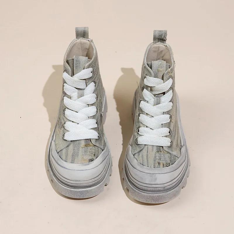 Осенняя повседневная женская обувь с высоким верхом Matsuke, парусиновые туфли на толстой подошве, корейская версия, универсальные уличные короткие ботинки Poe Heel Blast