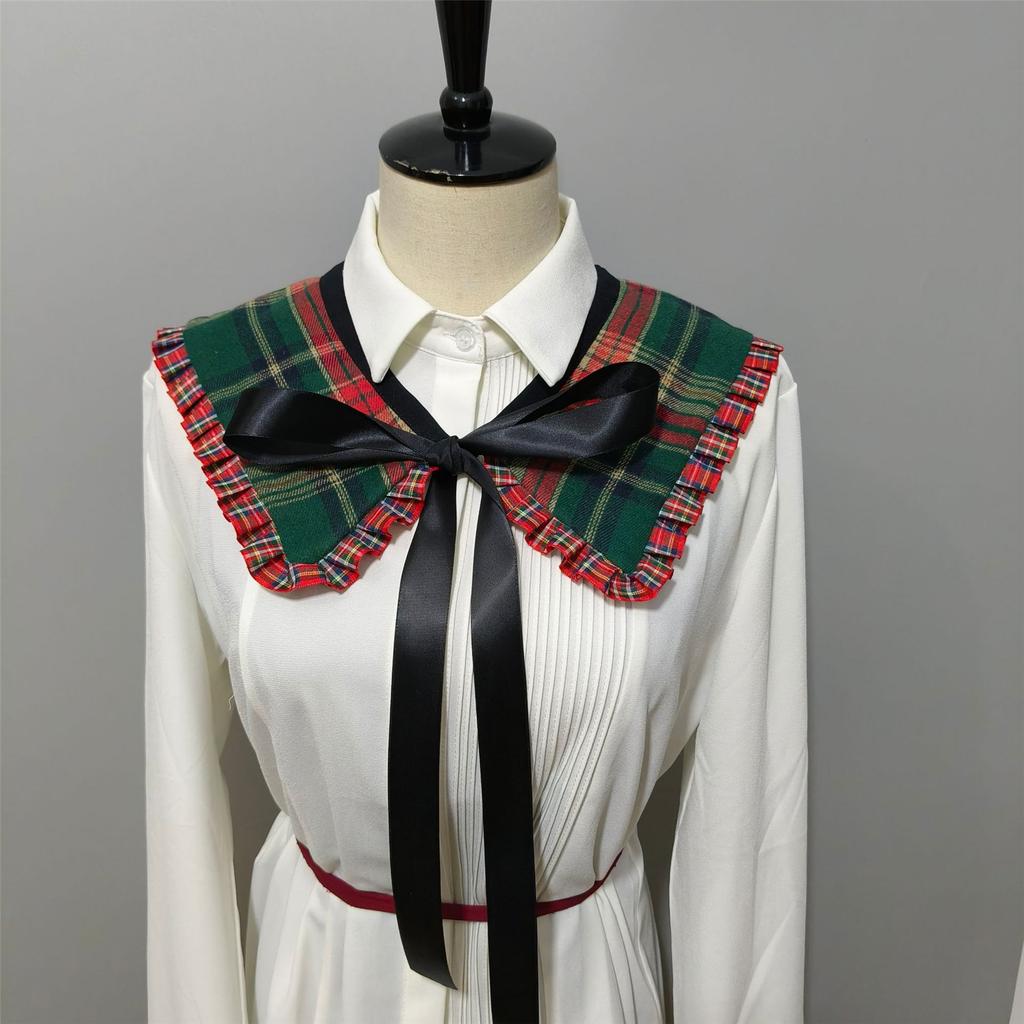Women Vintage Checkered Plaids False Collar Sweet Ruffled Trim Elegant Lapel Shawl Scarf Bows Tie Mini Ponchos Capelet