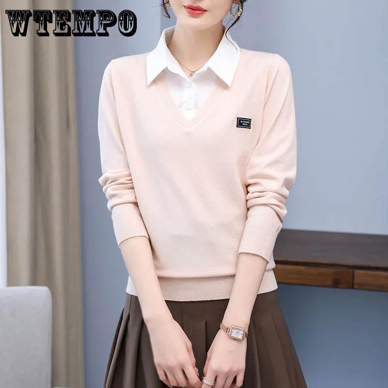 Женский искусственный свитер из двух частей, осенне-зимний корейский вариант, универсальная вязаная нижняя рубашка, пуловер, вязаный топ с лацканами