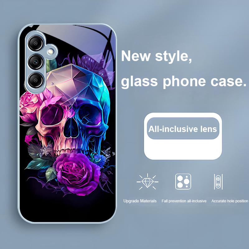 Cartoon Roses And Skulls For Samsung Galaxy A01 02 03 Core A04 A14 4G A13 54 34 31 20 25 23 22 5G S21 Ultra S20 Glass Phone Case