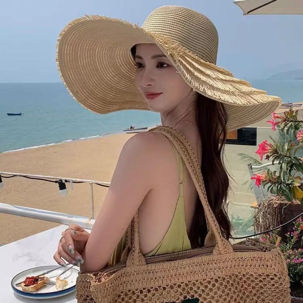 Foldable Straw Hat Wide Brim Fisherman Hat Women Fashion Sun Hat  For Beach Holiday Vacation