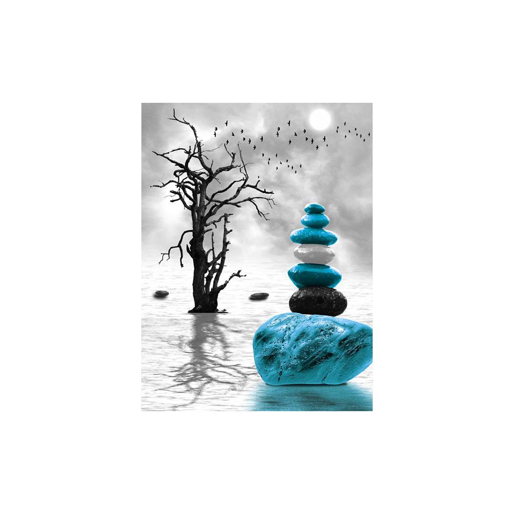 Modern Black and White Landscape Canvas Painting Blue Zen Stone Posters and Prints, Tree Art for Living Room Decoration Unframed