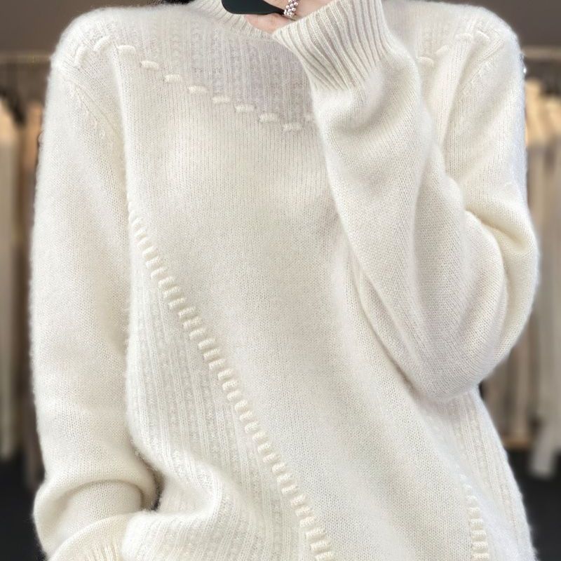 Women's Solid Color Thick Drum Wave Sweater Korean Version Pullover Half High Collar for Inner and Outer Wear Fashionable Base Women's Sweater