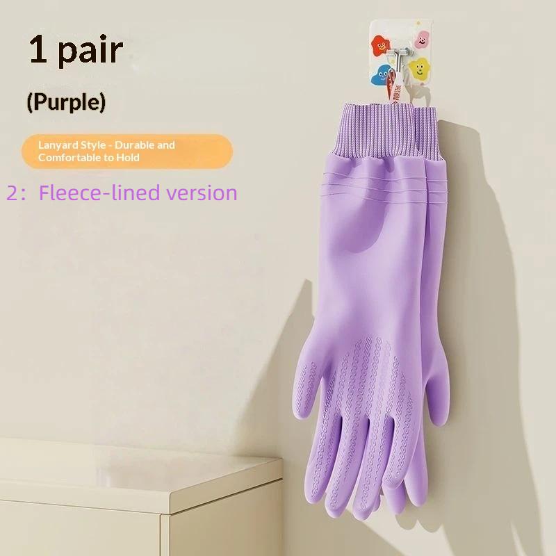 1 Pair Waterproof Dishwashing Gloves Tear-resistant Warm Fleece Cleaning Gloves Thickened Threaded Sleeve Cuff Laundry Gloves