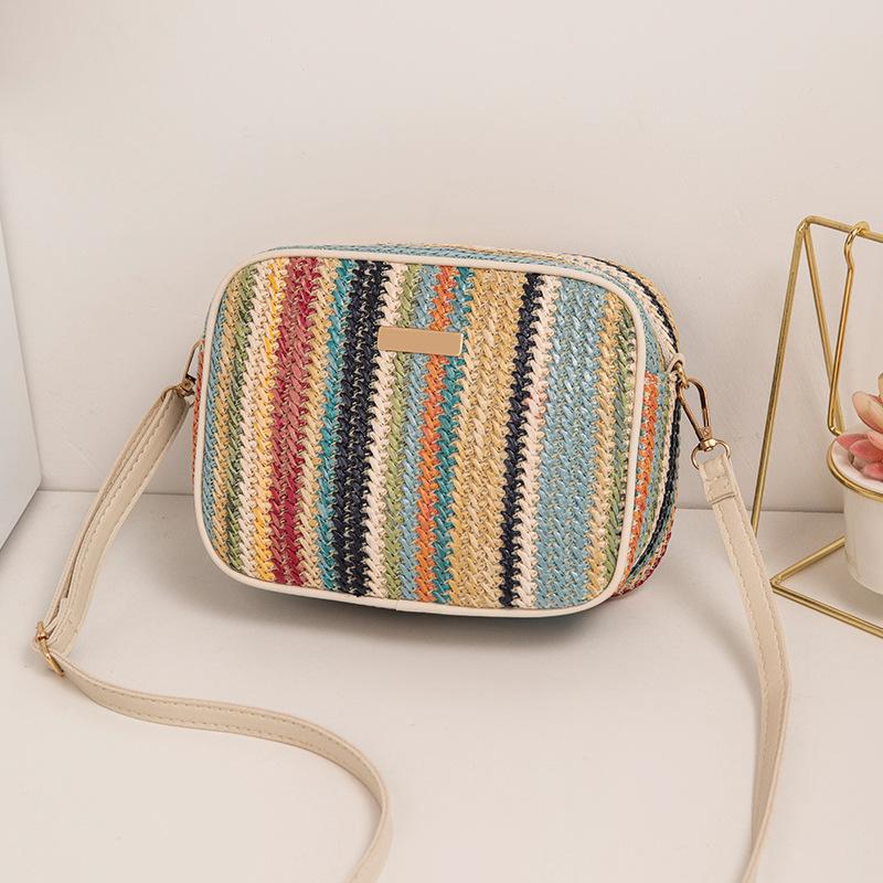 Fashion Women Rainbow Striped Crossbody Shoulder Bag for Girls Small Purse and Handbag Ladies Straw Woven Shell Beach Bag ARI